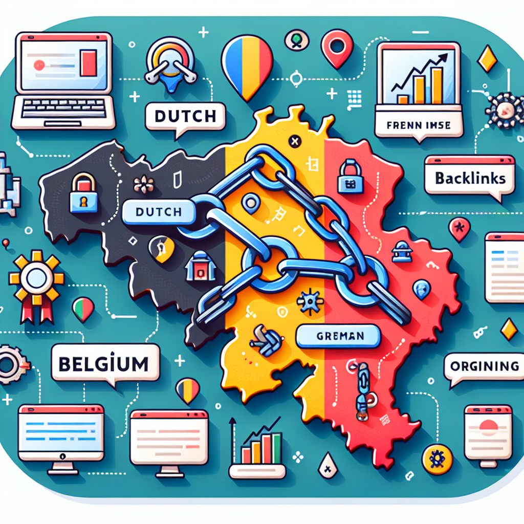 Une carte de Belgique avec des icônes représentant les langues officielles et des éléments SEO.