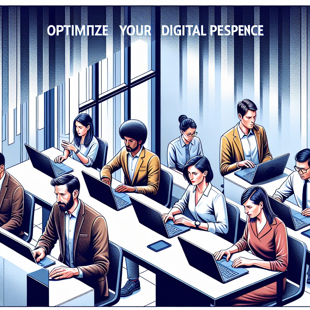 Une illustration montrant des entrepreneurs belges travaillant sur des ordinateurs pour optimiser leur présence digitale.