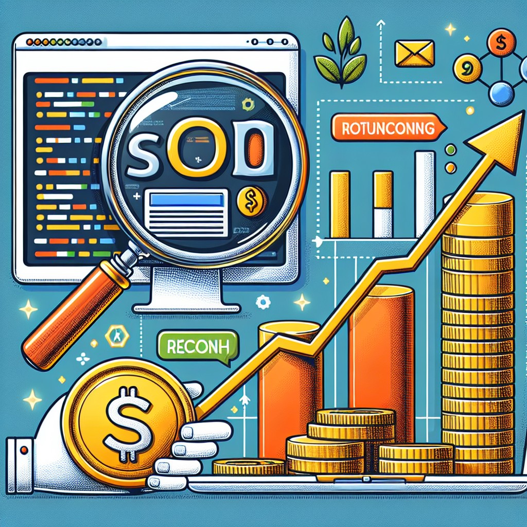 Une illustration mettant en avant les concepts de SEO et ROI avec des icônes représentant l'optimisation de moteur de recherche et la croissance des revenus.