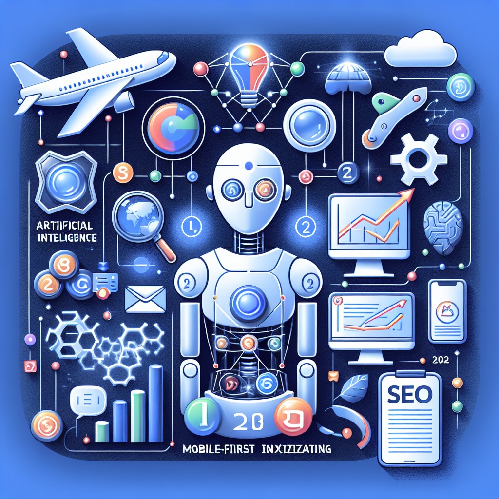 Diagramme illustrant les principales tendances SEO pour 2024, y compris l'IA, le mobile-first indexing, et l'optimisation UX.