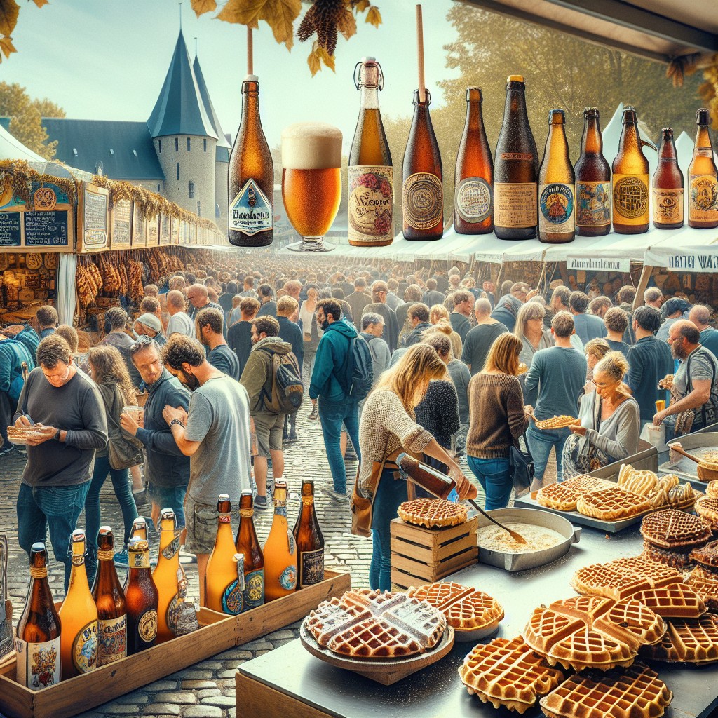 Un vibrant marché de festival gastronomique en Wallonie, avec gaufres chaudes et bières artisanales.