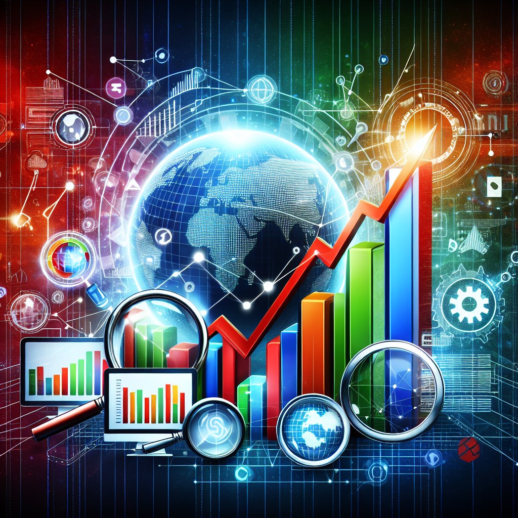 Image illustrant des icônes de moteurs de recherche et des graphiques de croissance pour représenter le SEO.