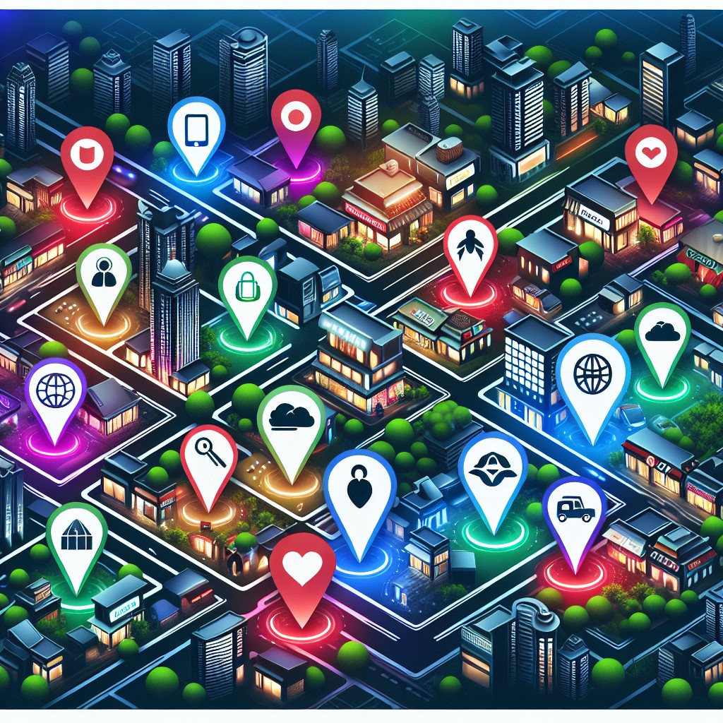 Vue d'ensemble montrant des entreprises locales avec des icônes de localisation sur une carte numérique, symbolisant le référencement local.