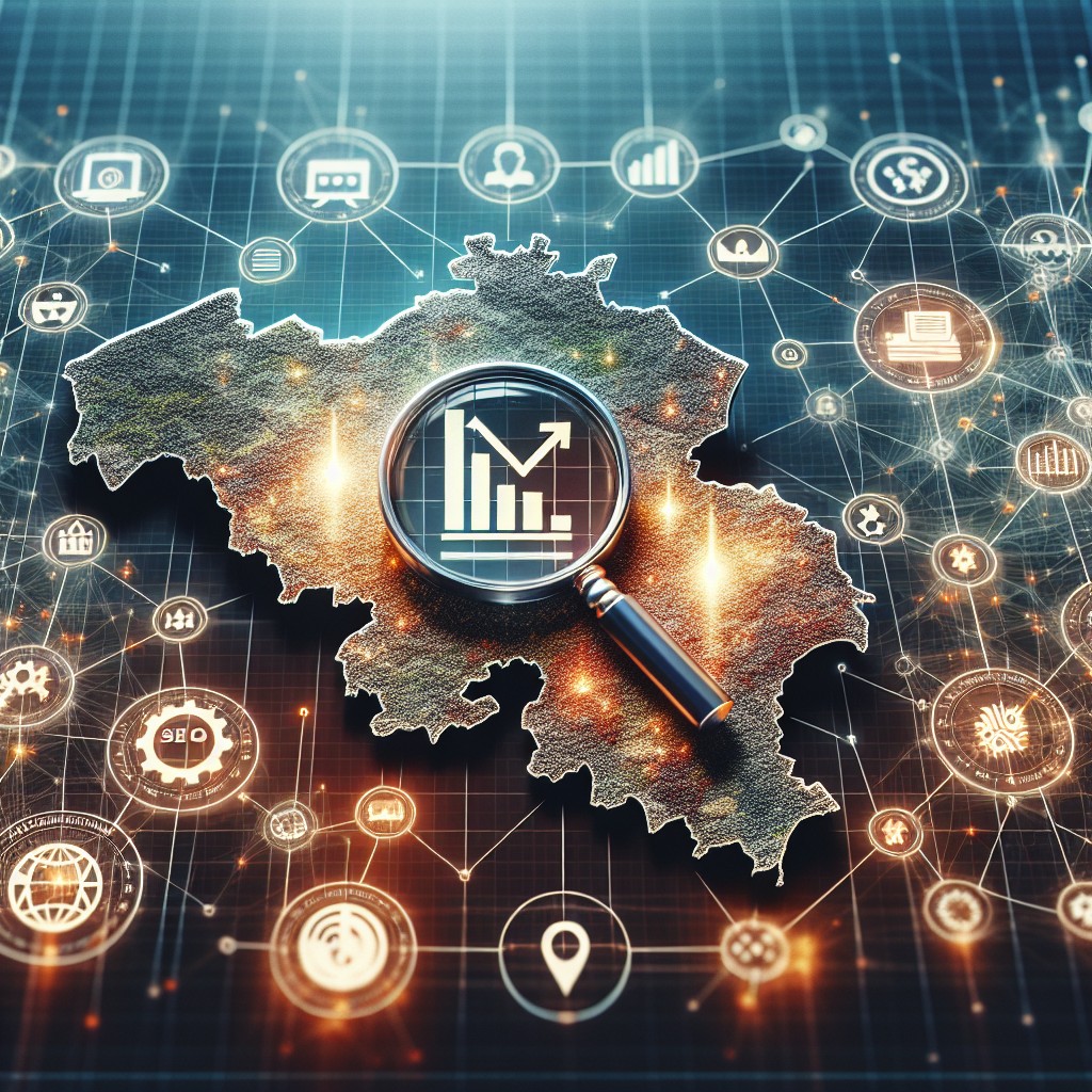 Graphique montrant une carte de Belgique avec des icônes SEO et de croissance numérique