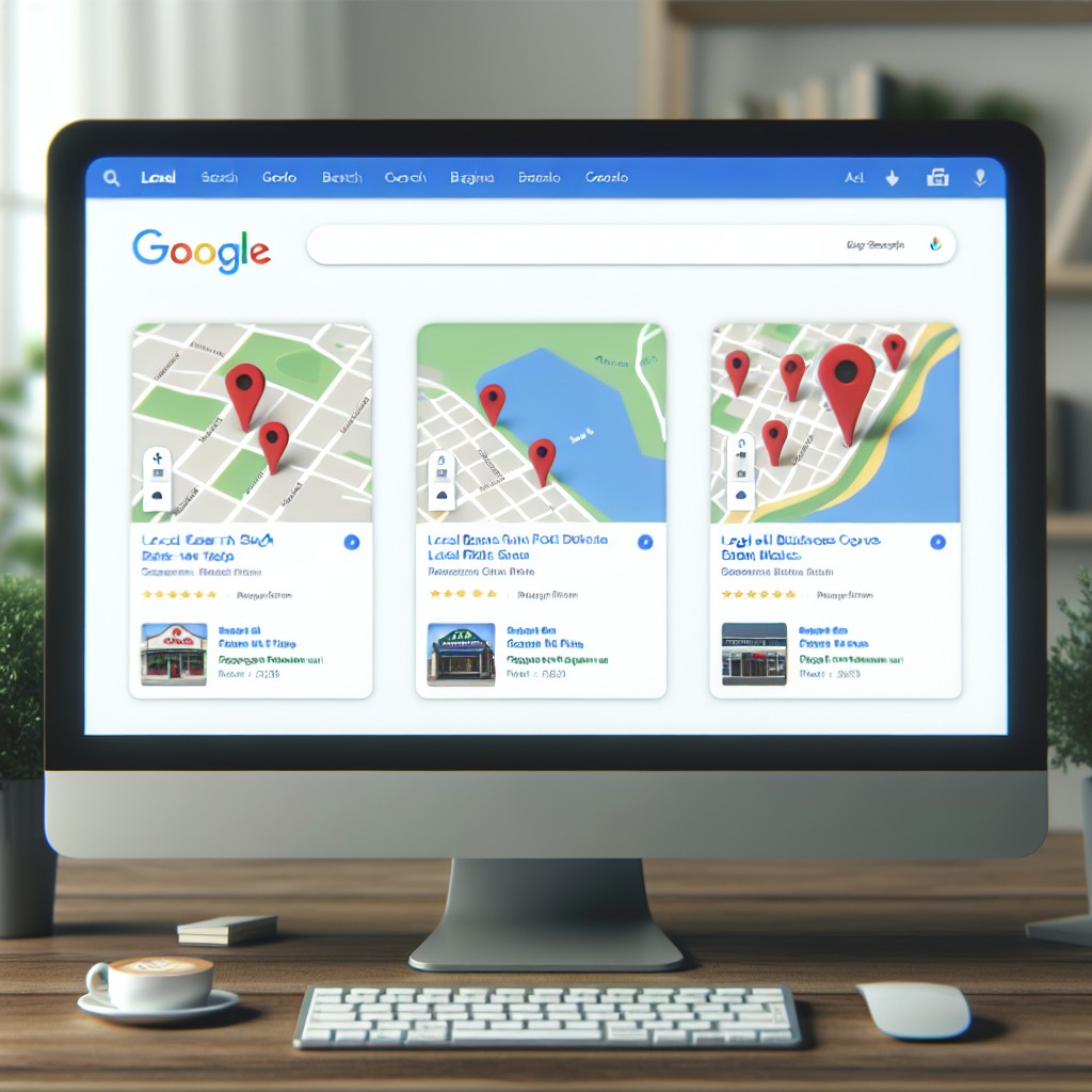 Un ordinateur affichant des résultats de recherche locale avec des entreprises locales épinglées sur Google Maps.