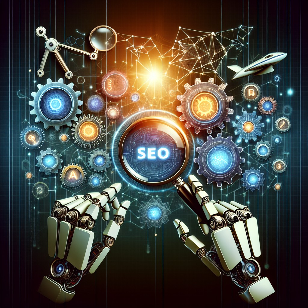 Image de couverture montrant une illustration dynamique du concept de SEO avec des éléments technologiques et une vision futuriste.