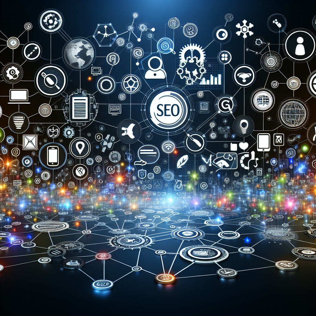 Image de couverture illustrant l'évolution dynamique du SEO avec des icônes de technologies modernes et réseaux web.