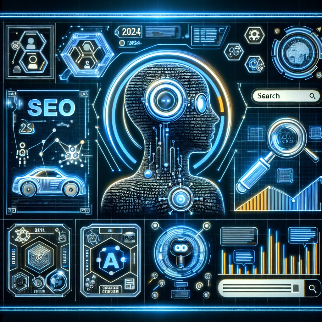 Image de couverture illustrant l'évolution du SEO en 2024, avec des éléments visuels représentant l'IA, l'expérience utilisateur, et les tendances de recherche.