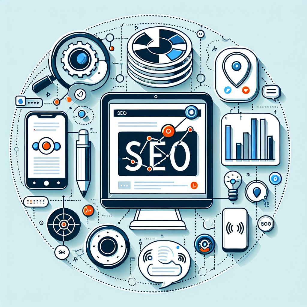 Une image de couverture illustrant l'importance du SEO avec des éléments comme des graphiques de performance, des dispositifs intelligents, et des icônes de recherche vocale.