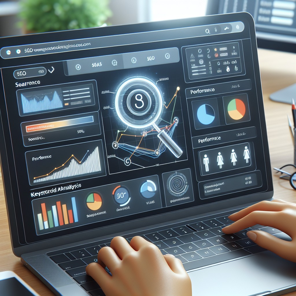 Ordinateur portable affichant des résultats de recherche SEO avec des graphiques de performance et des analyses de mots-clés.