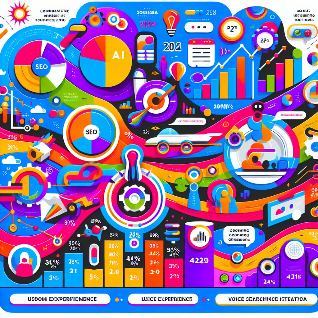 Infographie colorée illustrant les tendances SEO en 2024, intégrant des éléments tels que l'IA, l'expérience utilisateur et la recherche vocale.