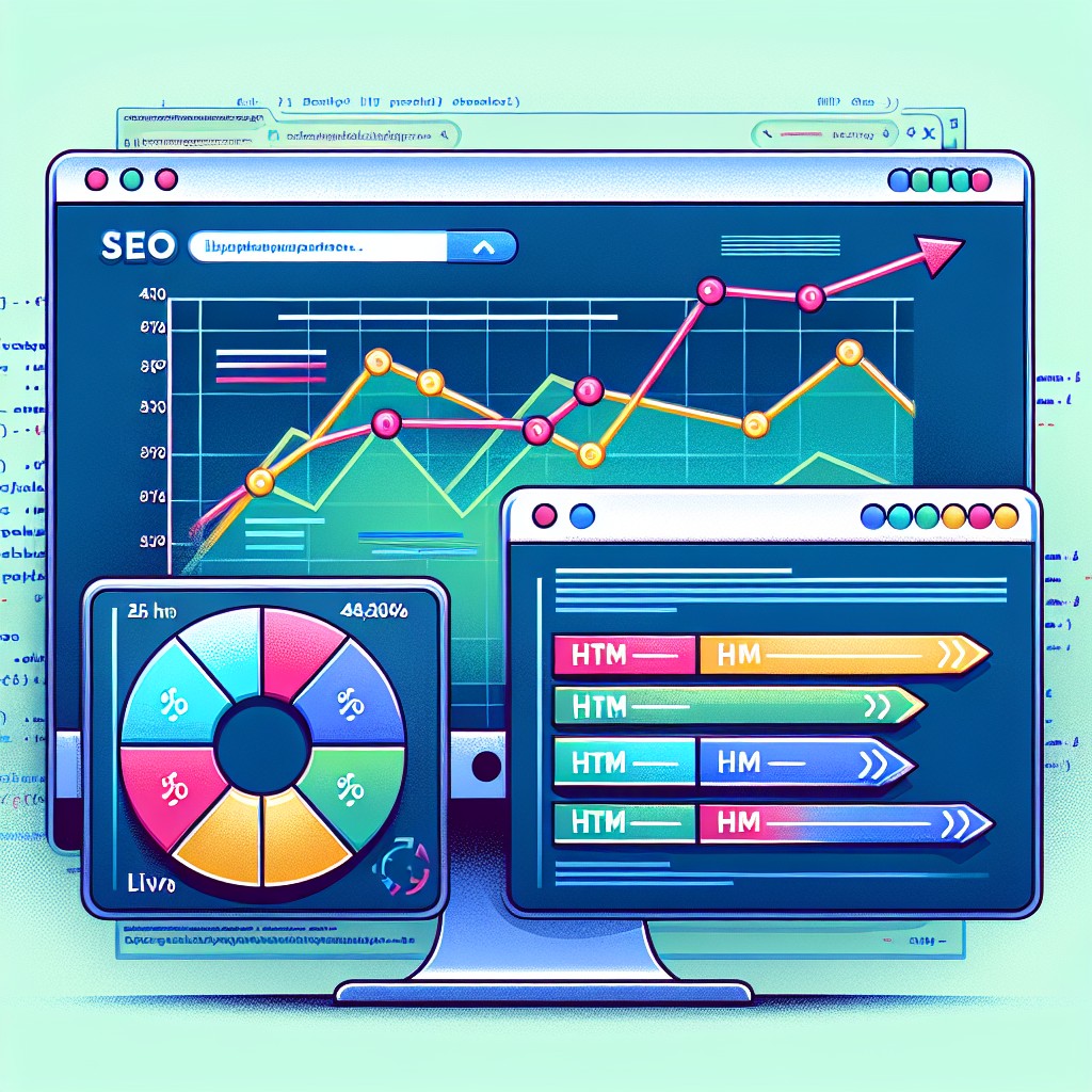 Illustration d'une analyse de SEO avec des graphes de performance et des balises HTML.