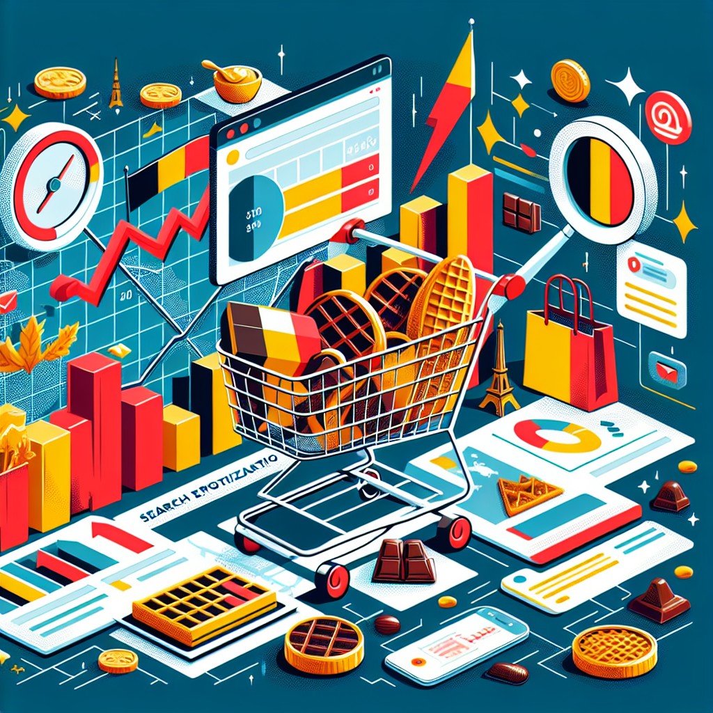 Une image de couverture représentant la croissance du e-commerce en Belgique, avec des éléments symbolisant le SEO comme des graphiques de performance et des icônes de moteurs de recherche.