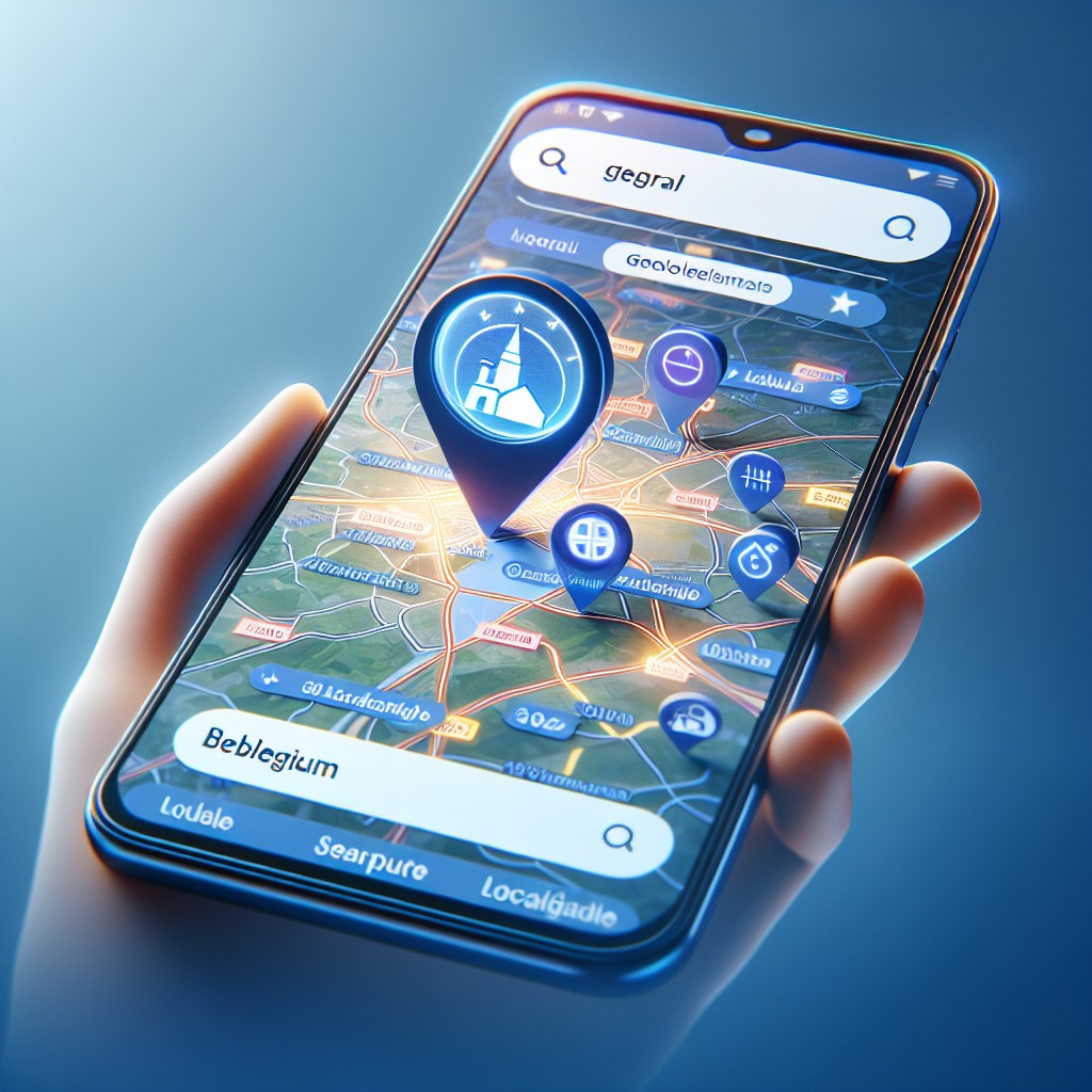 Illustration d'optimisation SEO locale montrant un smartphone avec des résultats de recherche géolocalisés pour une entreprise belge.
