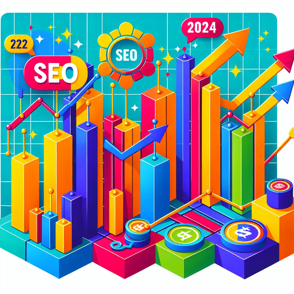 Graphique coloré illustrant les tendances SEO en Belgique pour 2024, avec des flèches montantes indiquant la croissance et l'innovation.