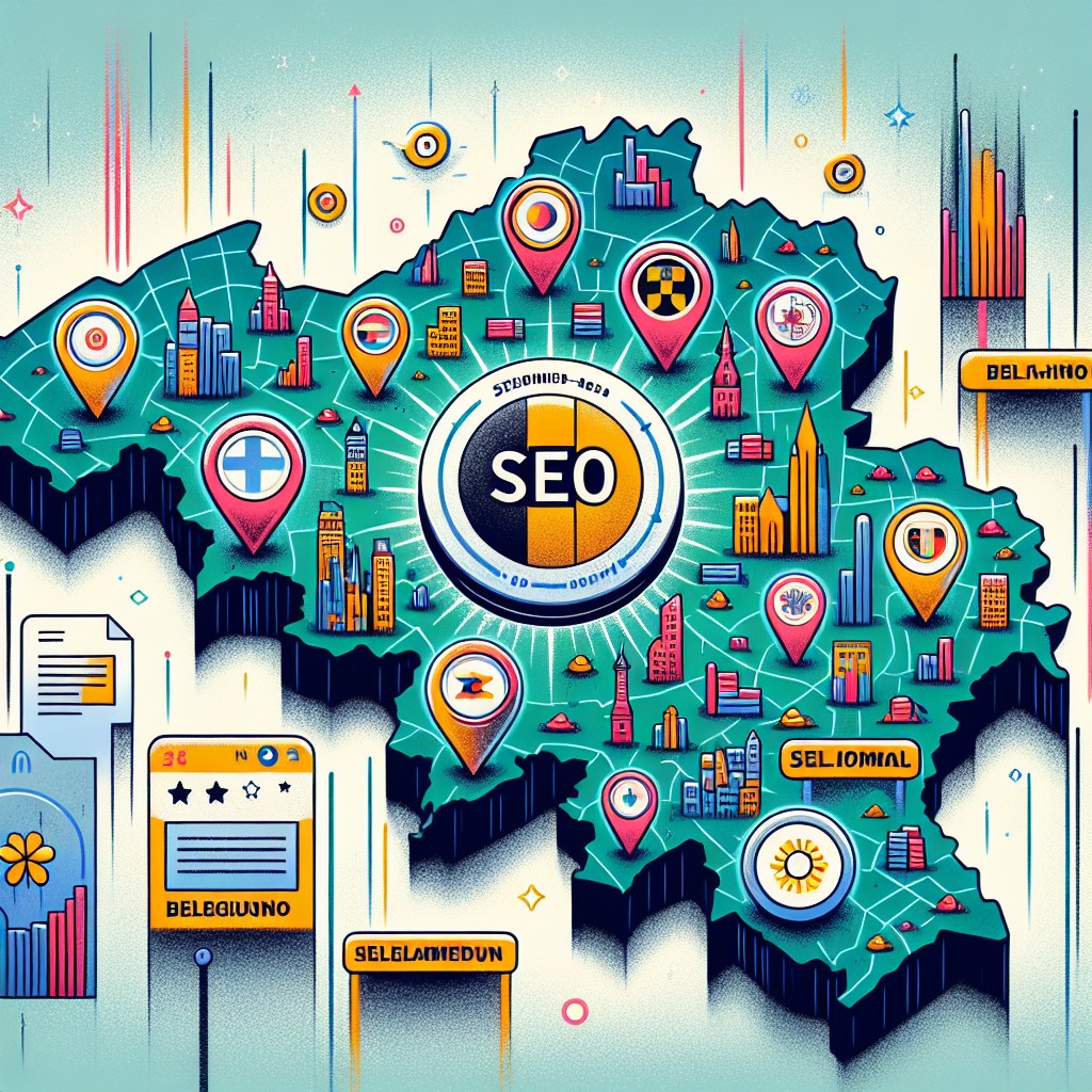 Illustration montrant une carte de la Belgique avec des mots-clés SEO émergeant de différentes régions, symbolisant les divers défis et opportunités du SEO en 2024.