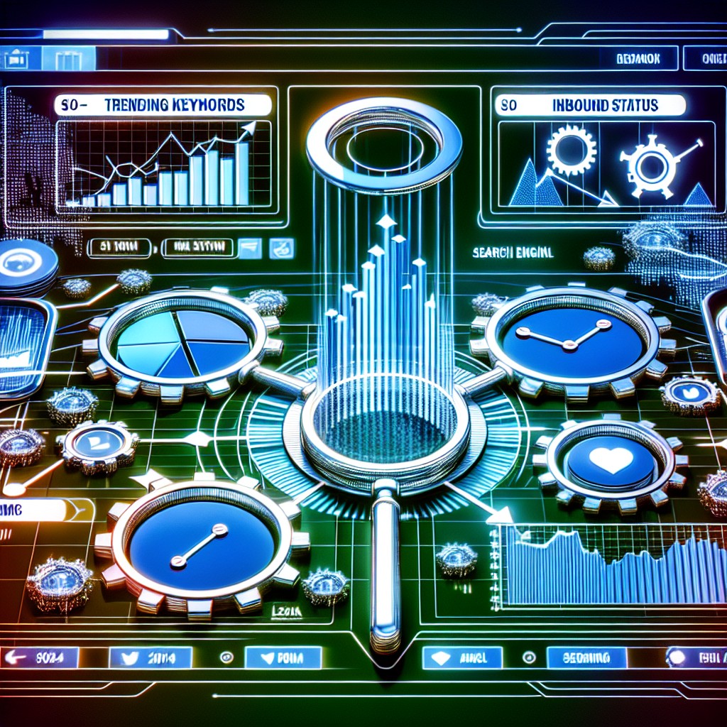 Vue stylisée d'un moteur de recherche avec des graphes et des icônes illustrant l'évolution du SEO en 2024.