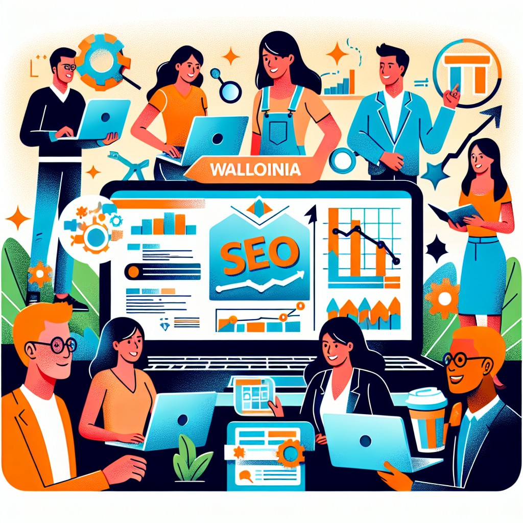 Illustration d'une entreprise wallonne en pleine transformation digitale, avec des éléments tels que des graphiques de SEO, des ordinateurs portables, et des clients satisfaits.