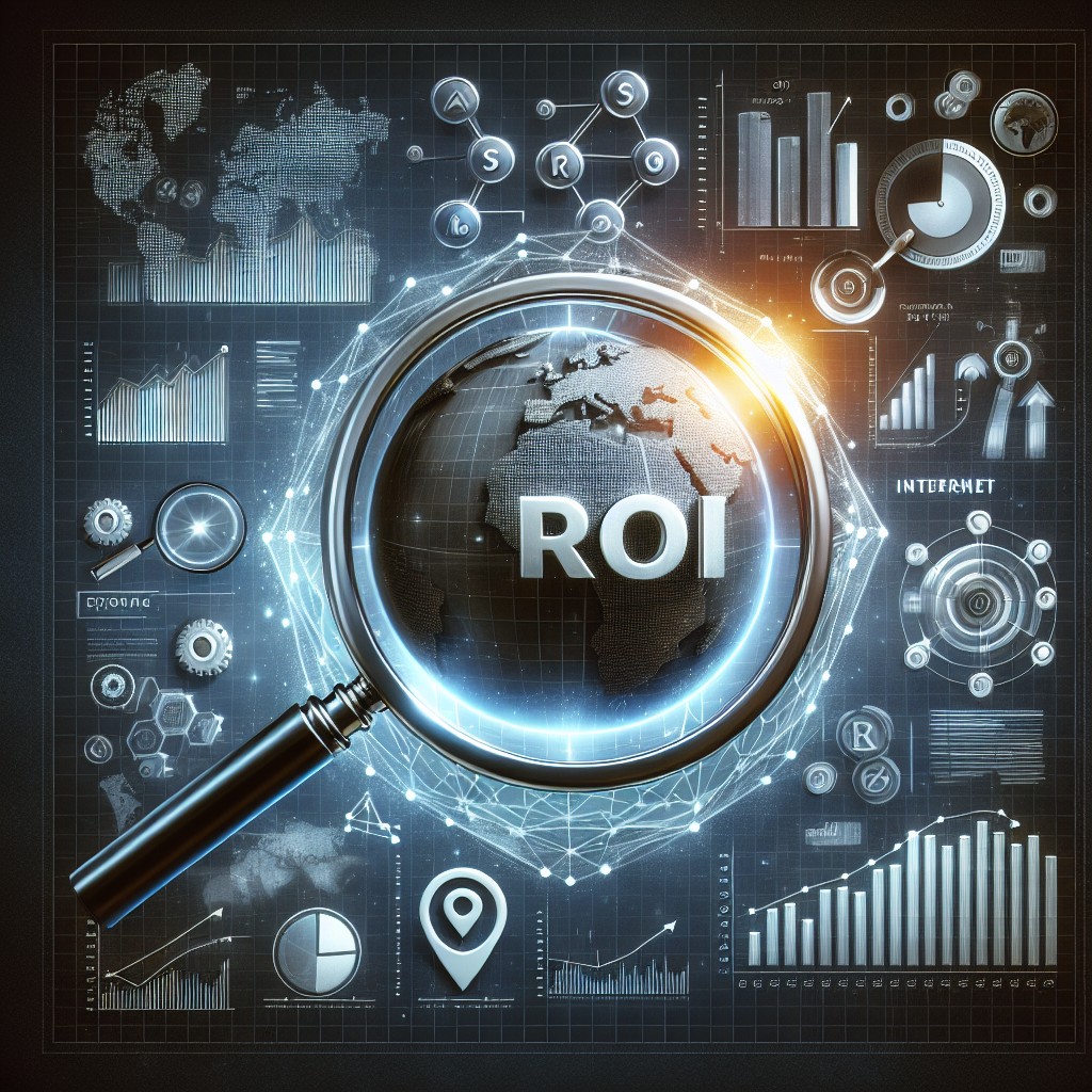Image de couverture illustrant l'intersection du SEO et du ROI avec des éléments graphiques de statistiques et internet.