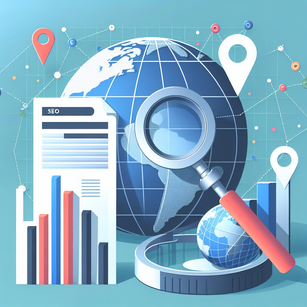 Image de couverture illustrant des outils de SEO et une carte géographique avec des épingles de localisation.