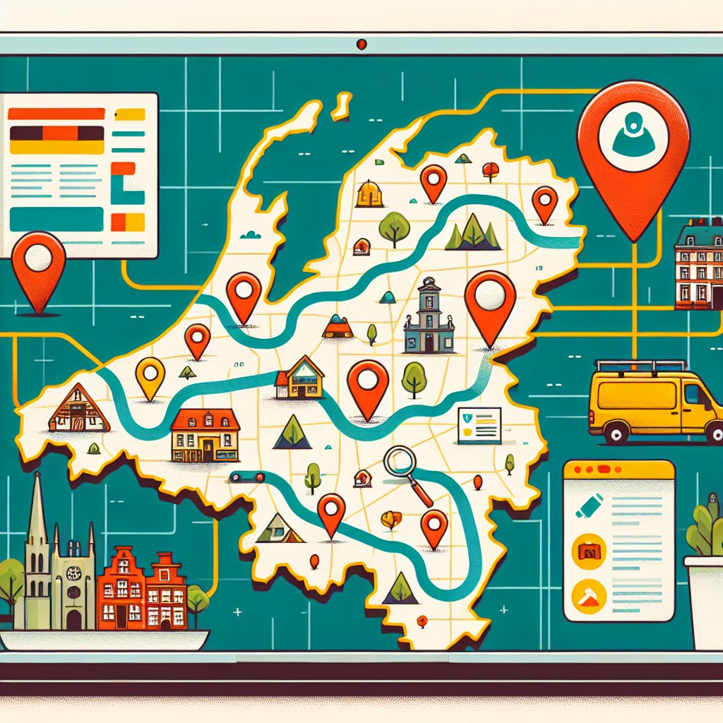 Illustration représentant une carte de la Belgique avec des points indiquant diverses entreprises locales en ligne.