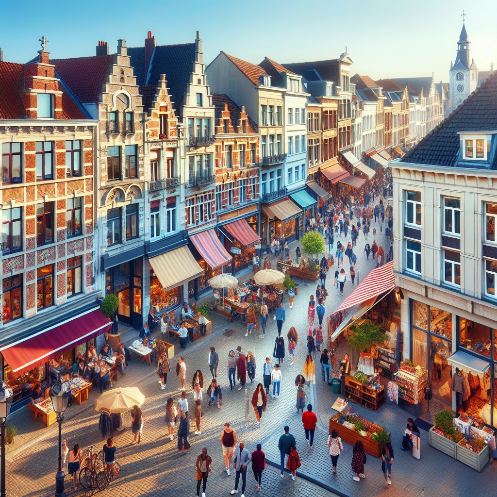 Vue d'ensemble d'une ville belge animée, avec des commerces locaux et des clients interagissant.