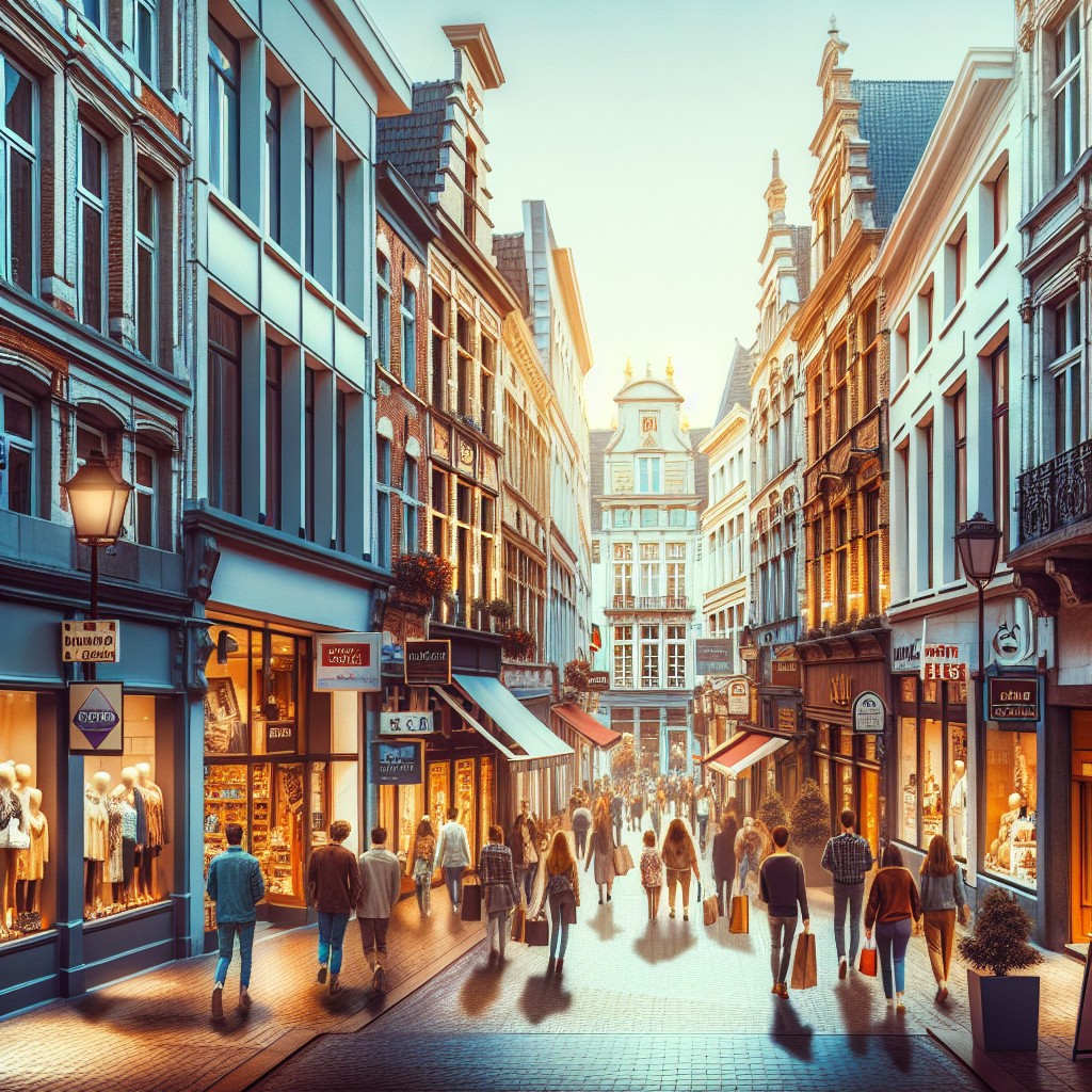 Vue d'une rue commerçante belge avec des commerces locaux pour illustrer le SEO local.