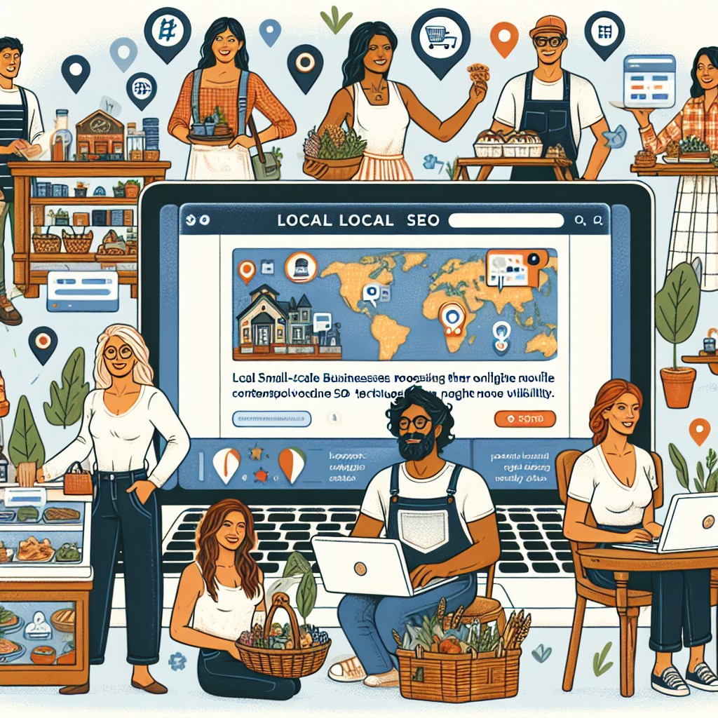 Une illustration de diverses petites entreprises locales augmentant leur visibilité en ligne à travers des techniques modernes de SEO local en 2024.