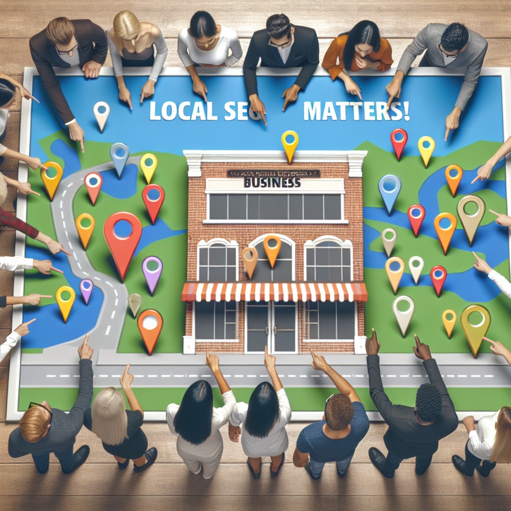 Une image de couverture illustrant des interactions de clients locaux avec une entreprise, représentant l'importance du SEO Local.