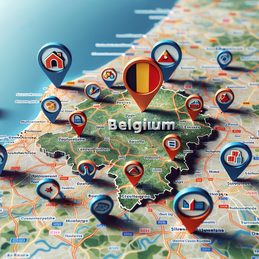 Carte de la Belgique avec des icônes de localisation sur différentes villes symbolisant le SEO local