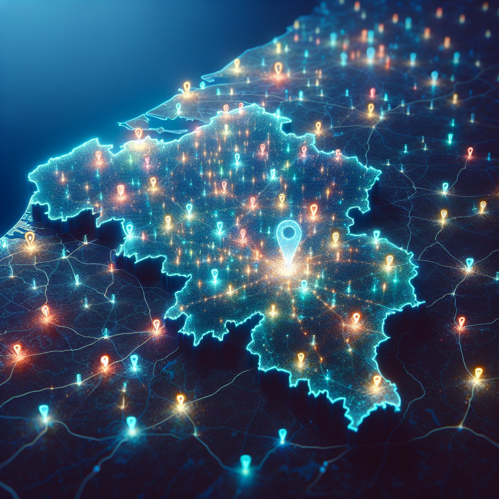 Image d'une carte de la Belgique illuminée par des points symbolisant les entreprises locales optimisées pour le SEO.