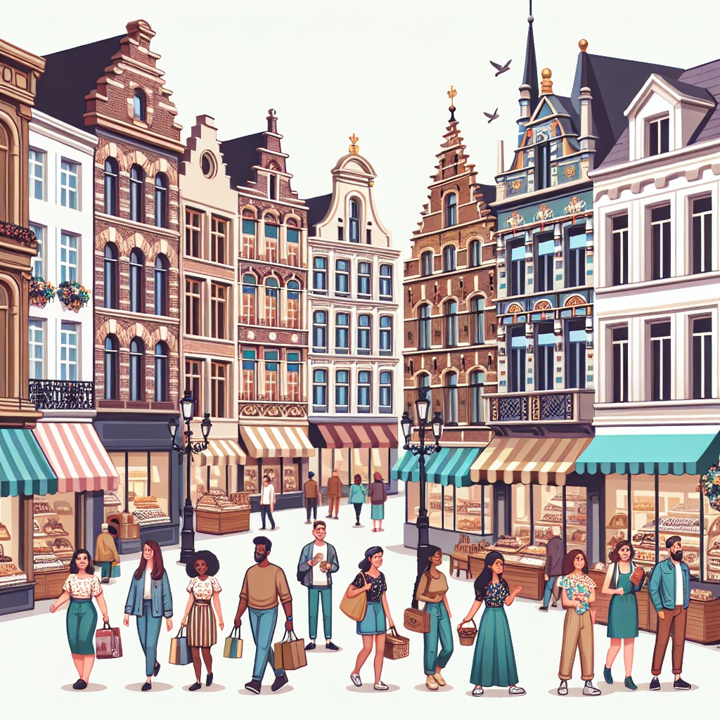 Vue de rue animée en Belgique illustrant une diversité d'entreprises locales