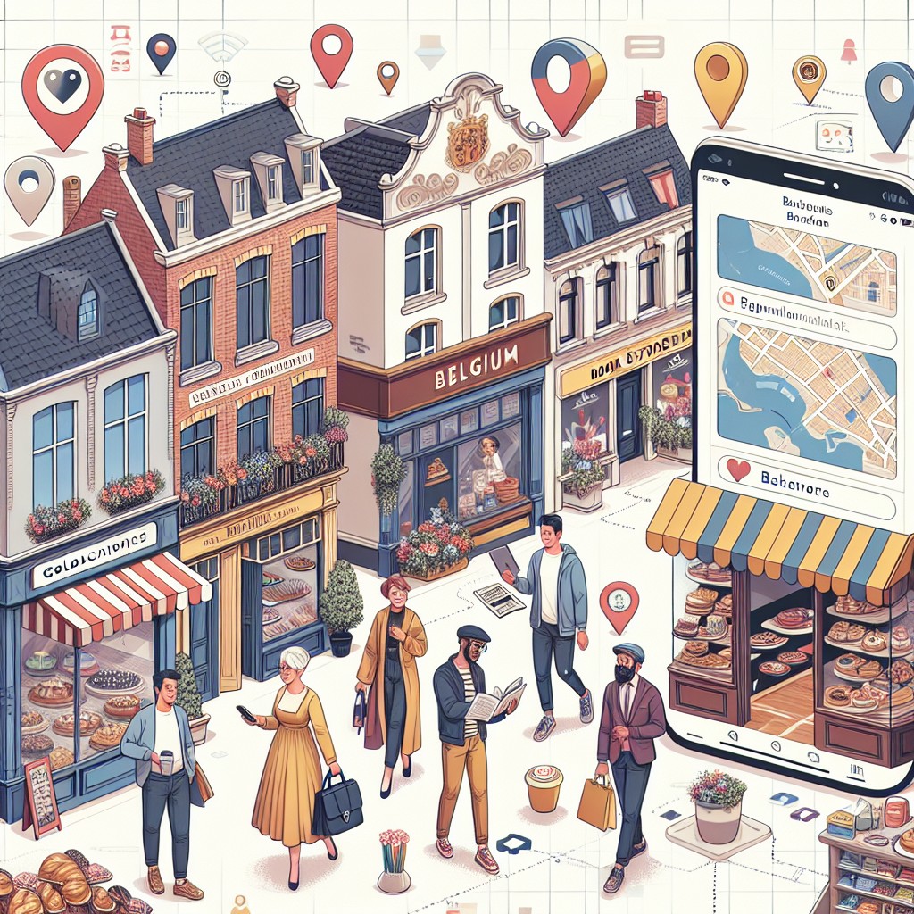 Image de couverture illustrant des commerces locaux en Belgique avec des éléments de géolocalisation et de marketing numérique.