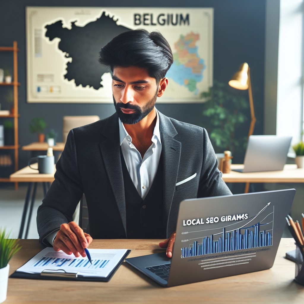 Un entrepreneur examinant des graphiques SEO sur son ordinateur, symbolisant l'optimisation du SEO local en Belgique.