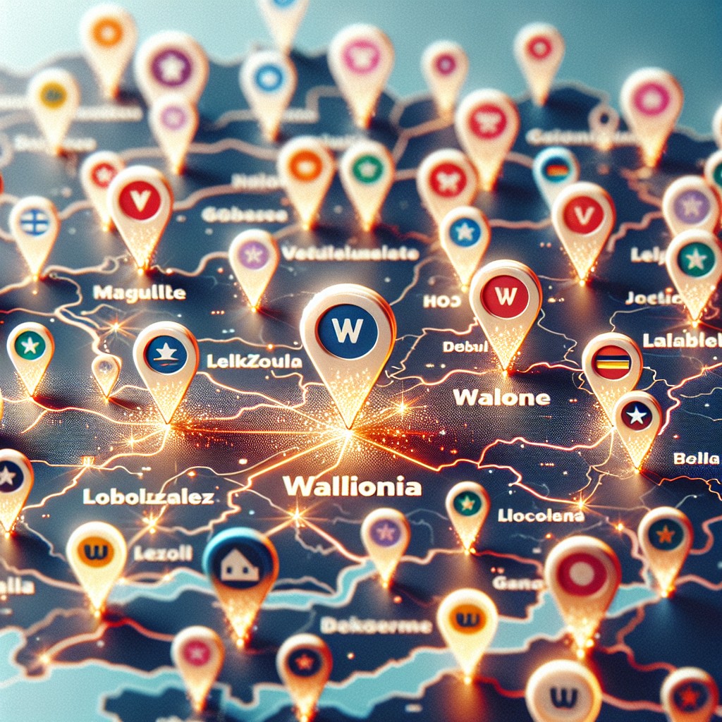 Image montrant une carte de Wallonie avec des épingles de localisation sur différentes villes, symbolisant le SEO local.