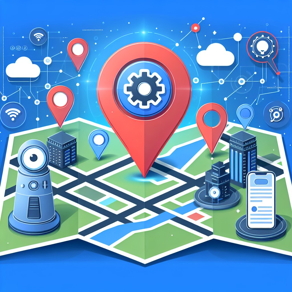 Illustration montrant une carte locale avec des icônes de SEO et d'intelligence artificielle, symbolisant l'importance croissante du SEO local.