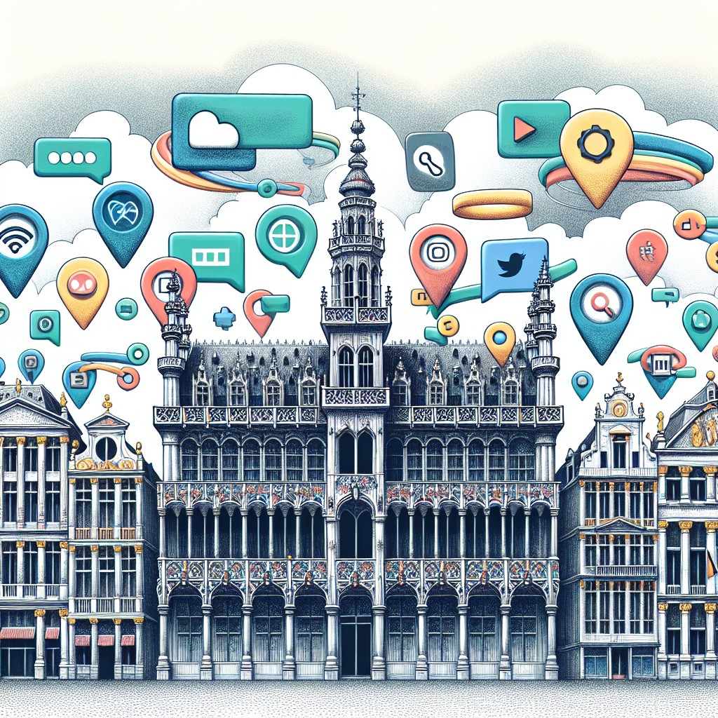 Illustration de la Grand-Place de Bruxelles avec des icônes internet, symbolisant l'optimisation SEO locale pour les entreprises en Belgique