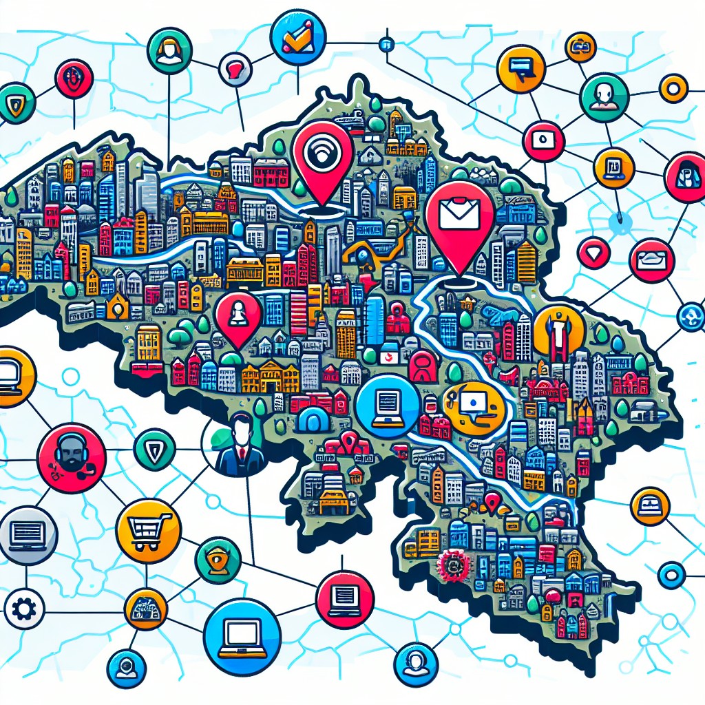 Image de couverture montrant une carte de Belgique avec des icônes de commerces en ligne marquées sur différentes villes.