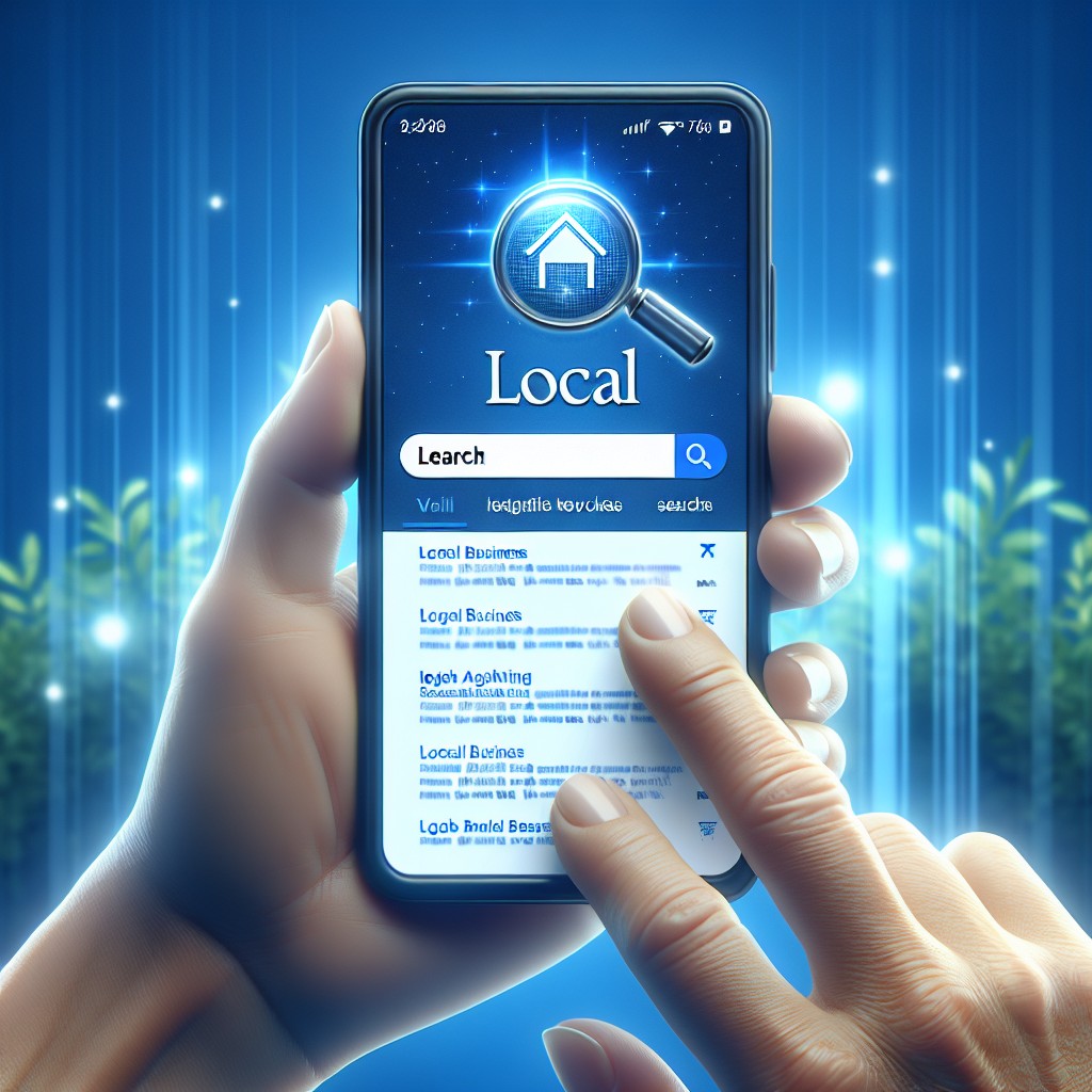 Illustration d'une entreprise locale apparaissant en tête des résultats de recherche sur un téléphone mobile.