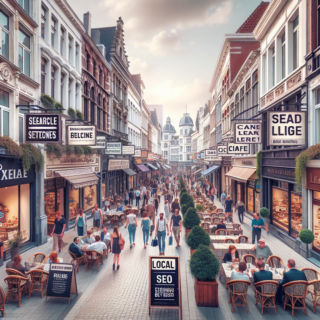 Vue panoramique d'une rue commerçante belge animée, illustrant le potentiel du SEO local pour les entreprises