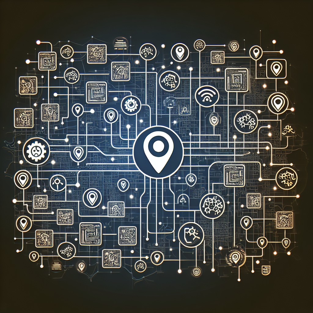 Une illustration de la connexion entre l'intelligence artificielle et la recherche locale, représentée par des icônes de localisation sur une carte et des algorithmes d'IA.