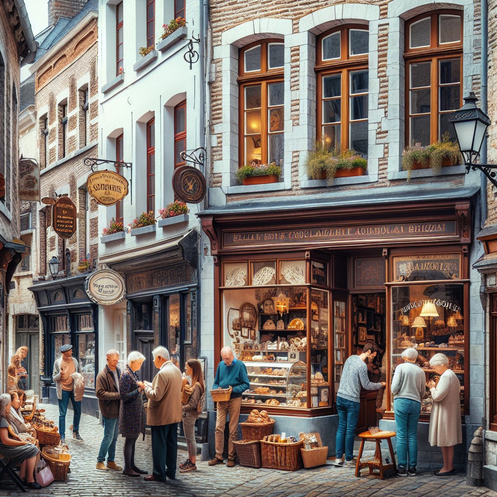 Vue pittoresque d'une rue commerçante typique en Wallonie, mettant en valeur la diversité des petites entreprises locales.