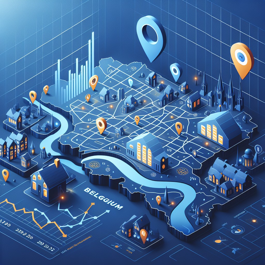 Couverture de l'article sur les stratégies SEO locales et nationales pour les entreprises en Belgique. Montre une carte de Belgique avec des icônes de localisation et une augmentation des graphiques de trafic web.