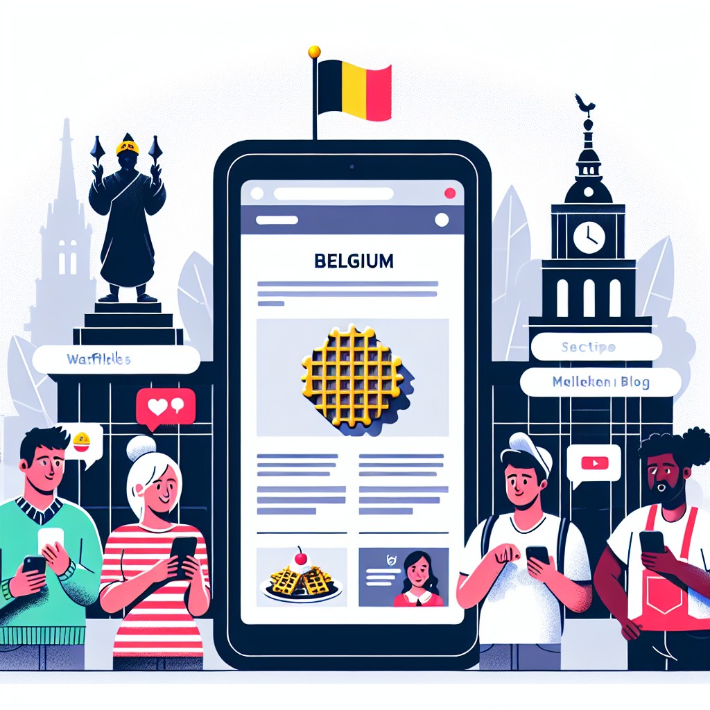 Une illustration montrant des utilisateurs accédant à un site web optimisé pour mobile, avec des éléments de localisation spécifiques à la Belgique.