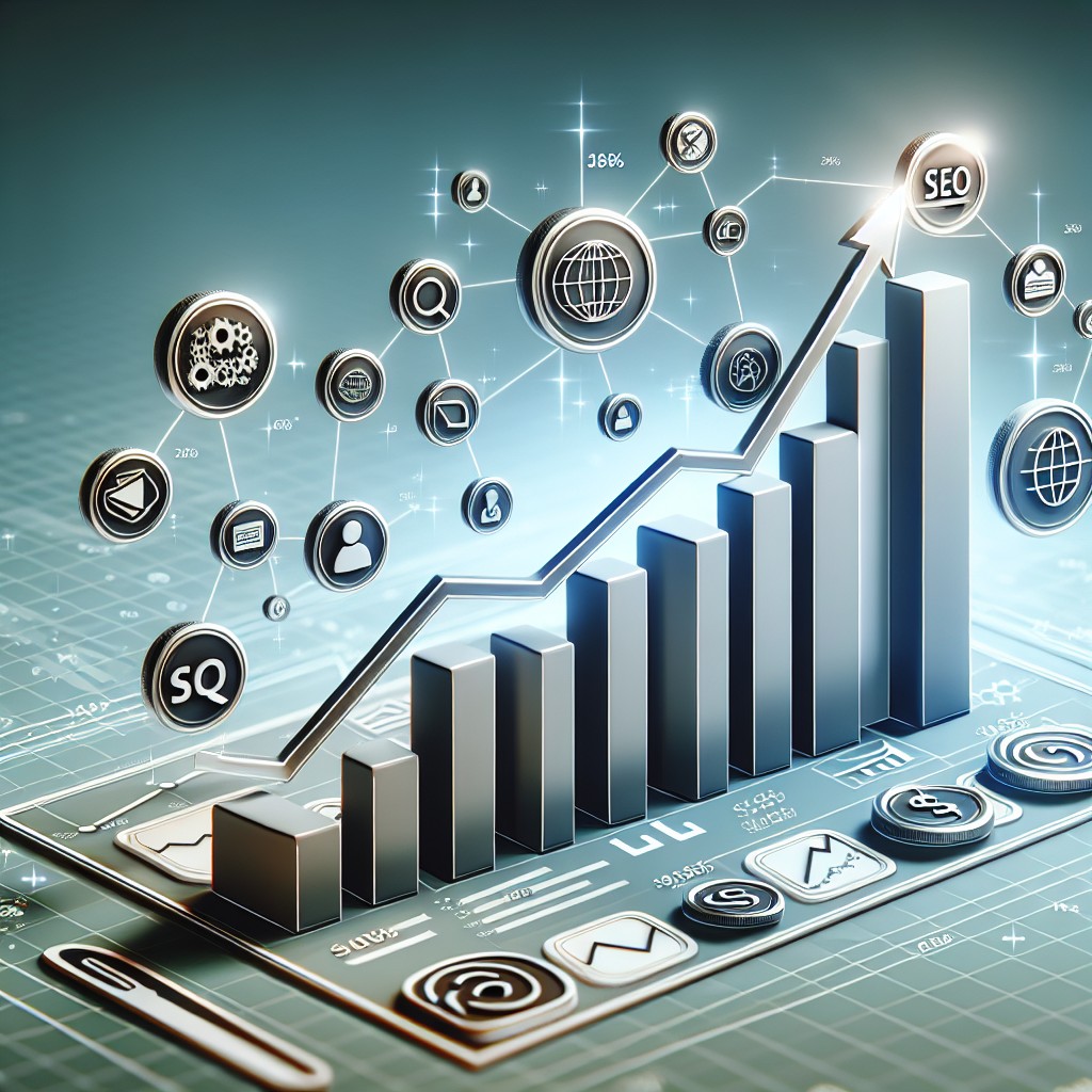 Image montrant un graphique de croissance avec des icônes de SEO, symbolisant la montée en puissance des PMEs grâce à des stratégies de référencement efficaces.