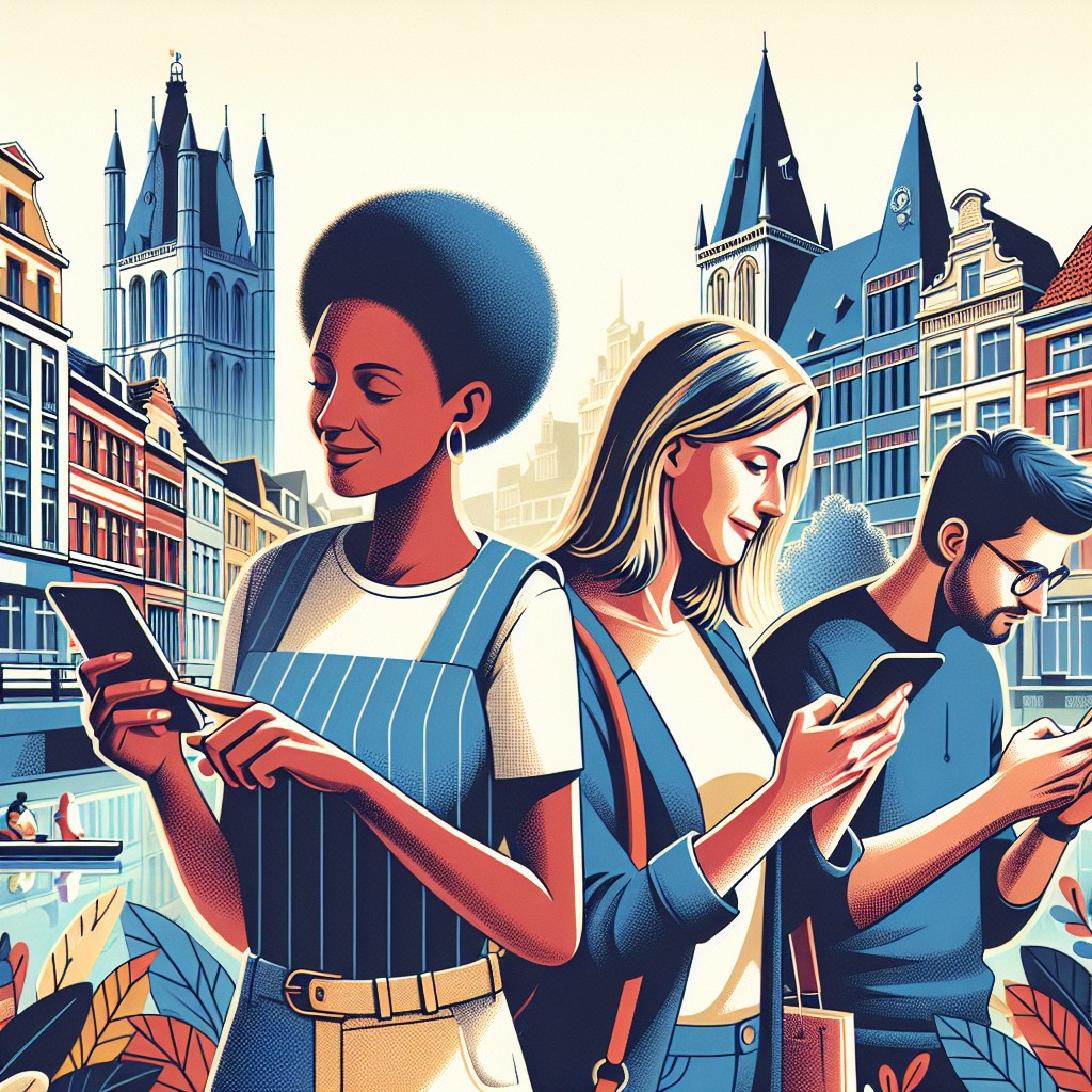 Une image illustrant l'importance du SEO mobile dans un paysage urbain belge, avec des personnes utilisant activement leurs smartphones.