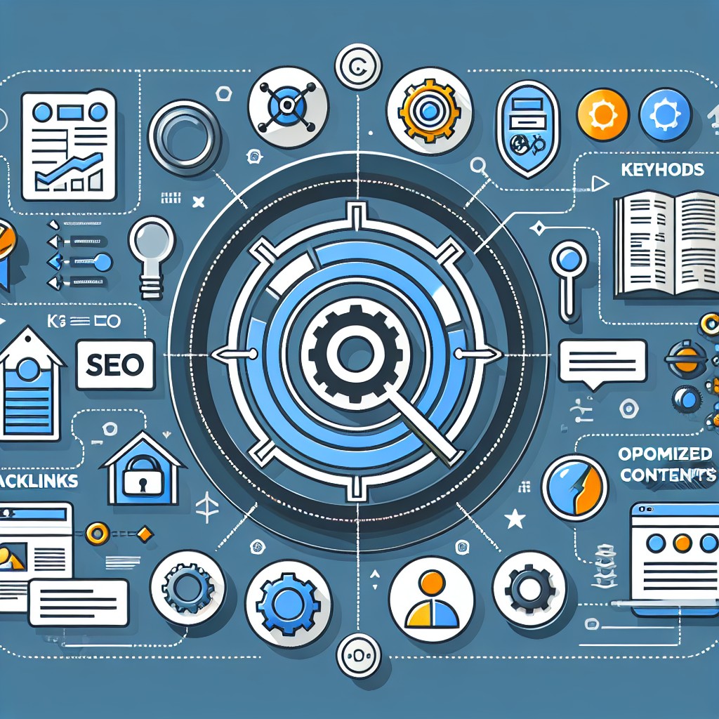 Un graphique illustrant divers éléments du SEO, tels que les mots-clés, les backlinks et le contenu optimisé, avec des icônes de moteurs de recherche.