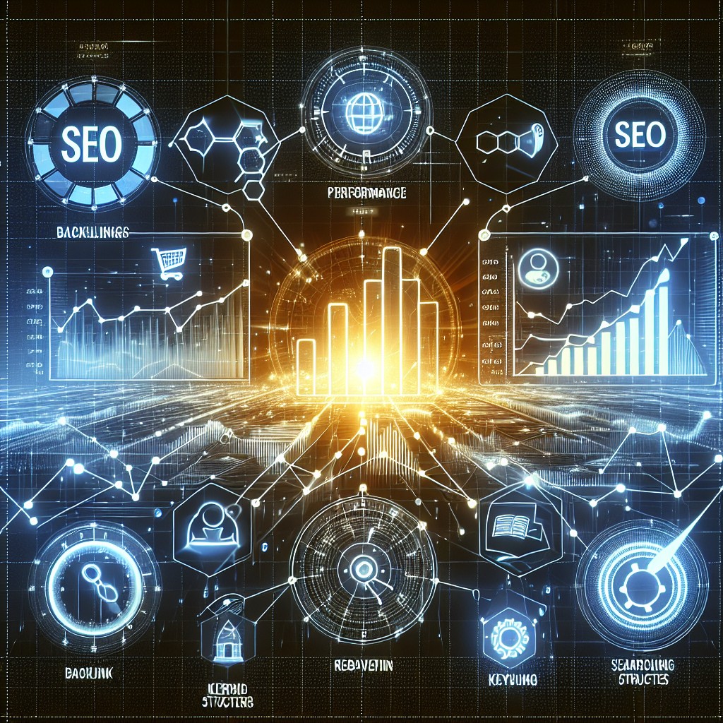 Image de couverture illustrant des stratégies de SEO avec des graphes de performance et des moteurs de recherche.