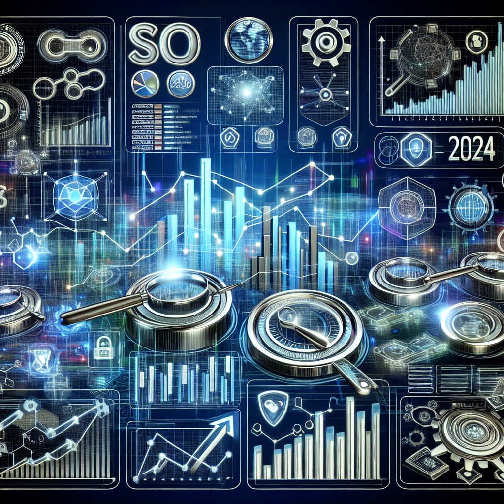 Une illustration symbolisant l'évolution du SEO en 2024, avec des graphiques de tendance et des icônes technologiques.