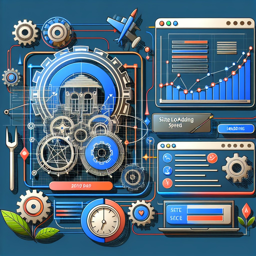 Illustration représentant des concepts de SEO technique, avec des éléments graphiques comme des diagrammes de structure de site et des graphes de vitesse de chargement.